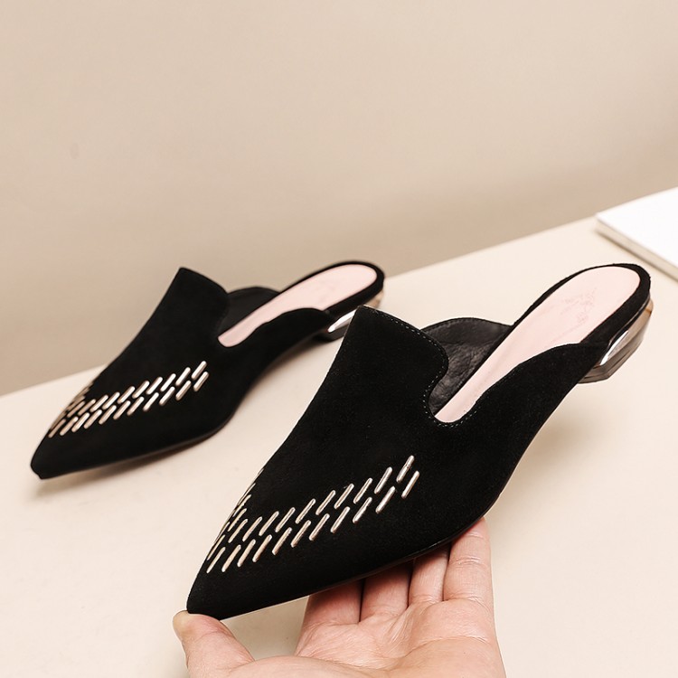 Women's Closed Toe Flat Slippers with Rhinestone Embroidery
