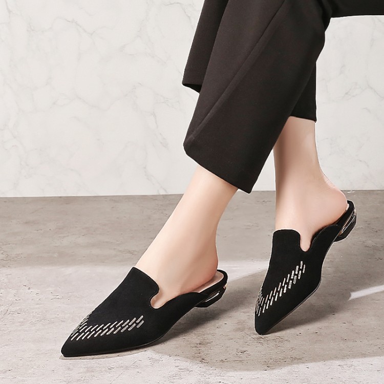 Women's Closed Toe Flat Slippers with Rhinestone Embroidery