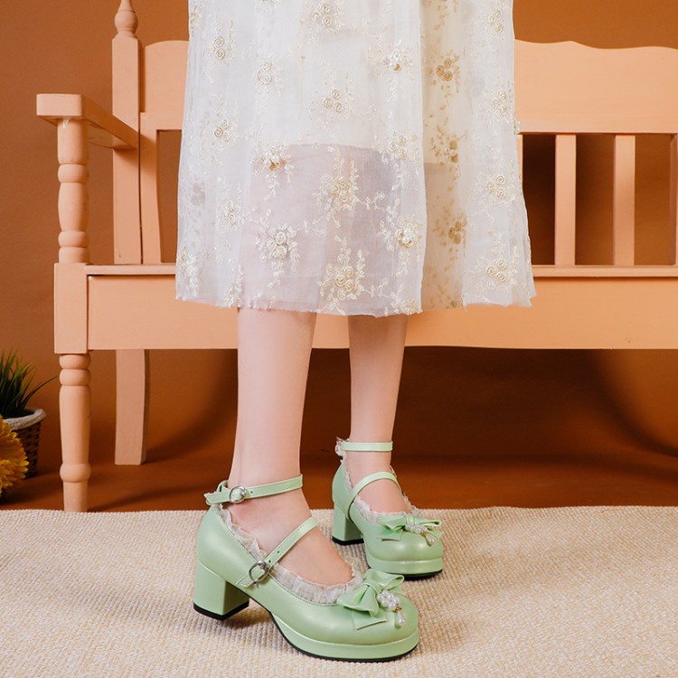 20210125583797006_750.jpg Lolita Style Flat Shoes with Ribbon and Beads - Light Green, White, Pink
