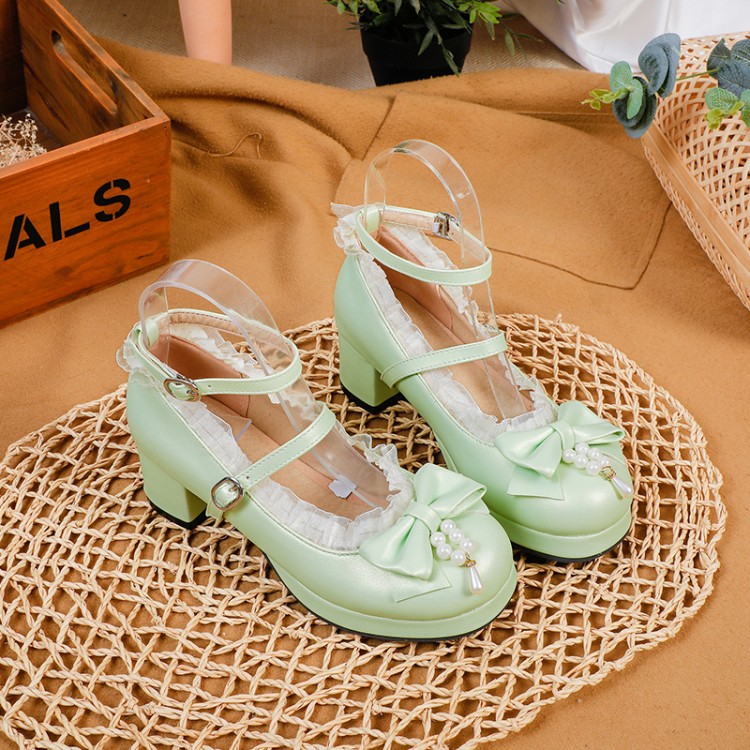 20210125583797016_750.jpg Lolita Style Flat Shoes with Ribbon and Beads - Light Green, White, Pink
