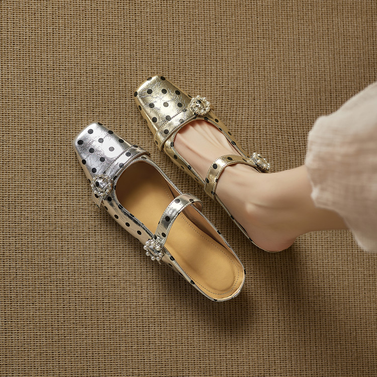 Women's Gold Silver Leather Mule Slippers with Rhinestone Buckle